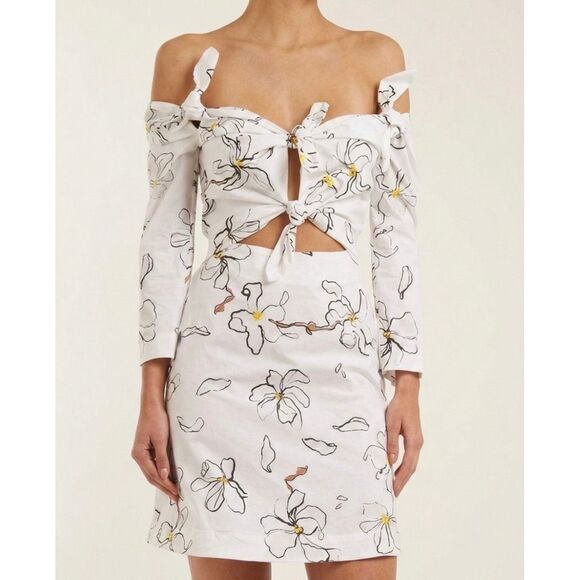 Isa Arfen Dresses & Skirts - Isa Arfen White Floral Print Tie Knot Front Cutout Mini Dress 3/4 Sleeve Small